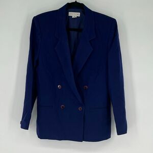 Vtg JONES NEW YORK Womens 80s Power Blazer 8 Blue Wool Double Breasted USA Retro